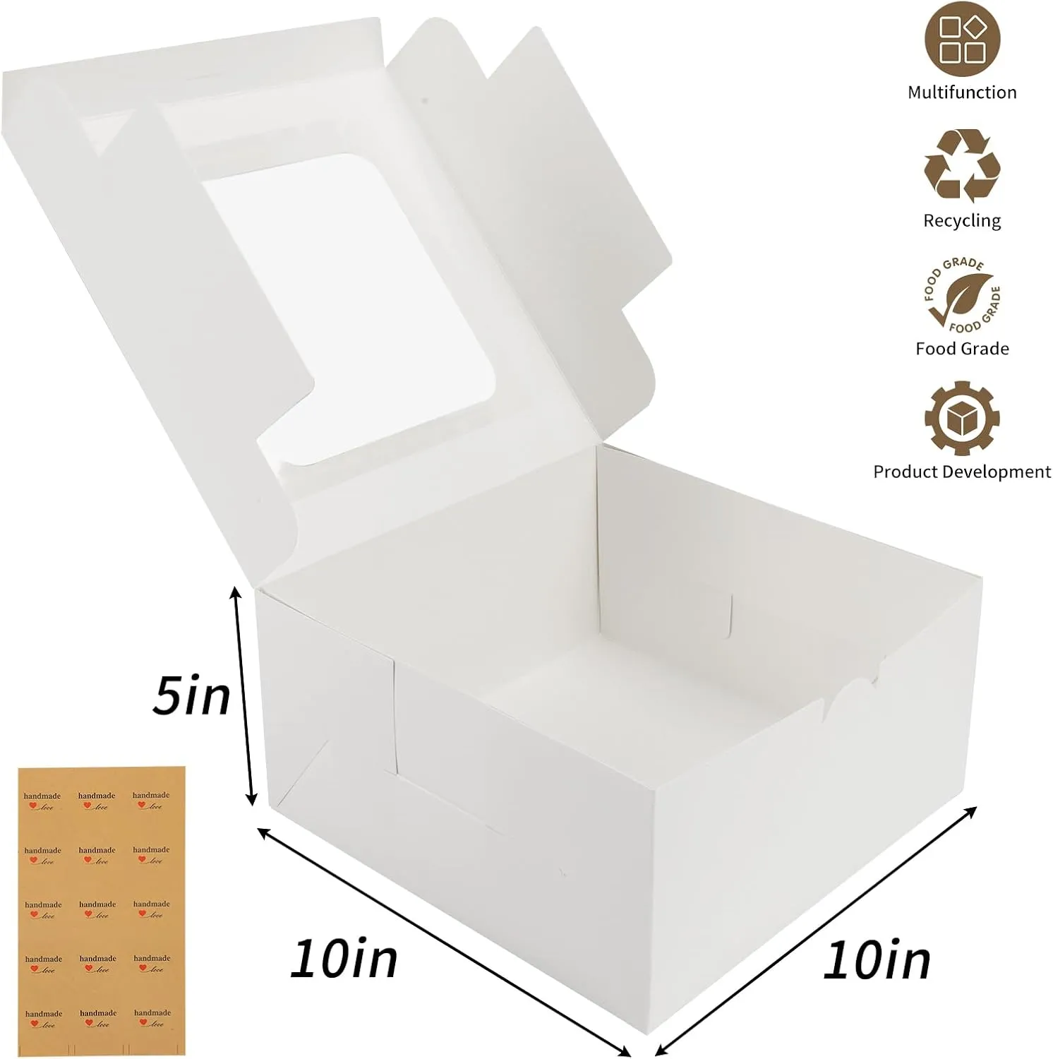 Moretoes 24pcs Cake Boxes, 10x10x5 Inches White Square Bakery Boxes with Window Cajas Pasteles for Cake, Mother's Day, Pastries, Chocolates, Cookies, Pie, Birthday Party, Wedding