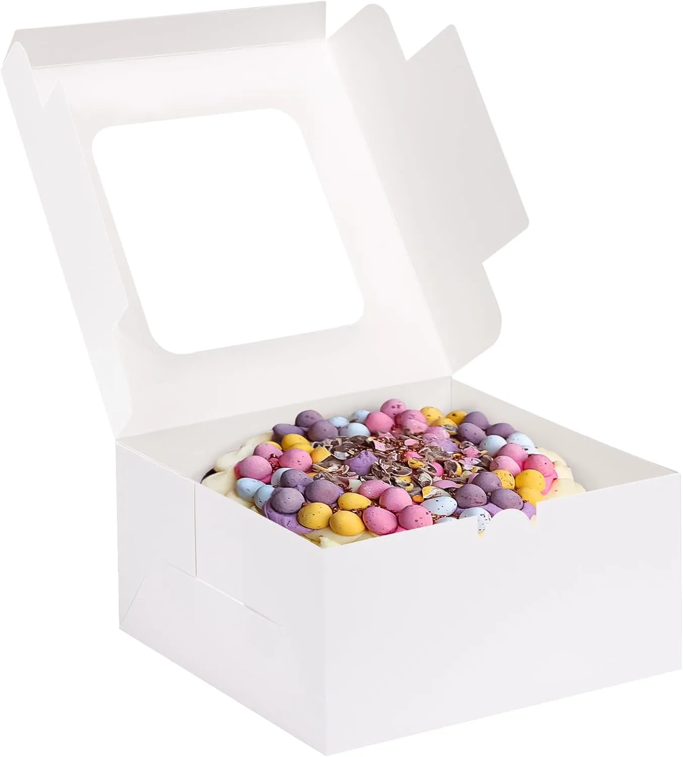 Moretoes 24pcs Cake Boxes, 10x10x5 Inches White Square Bakery Boxes with Window Cajas Pasteles for Cake, Mother's Day, Pastries, Chocolates, Cookies, Pie, Birthday Party, Wedding