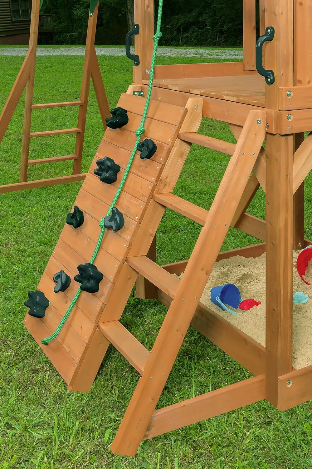 Mountain View Lodge Wooden Swingset w/Wood Roof- Choose Your Accessory & Slide Color (Green Accessories & Green Slide)
