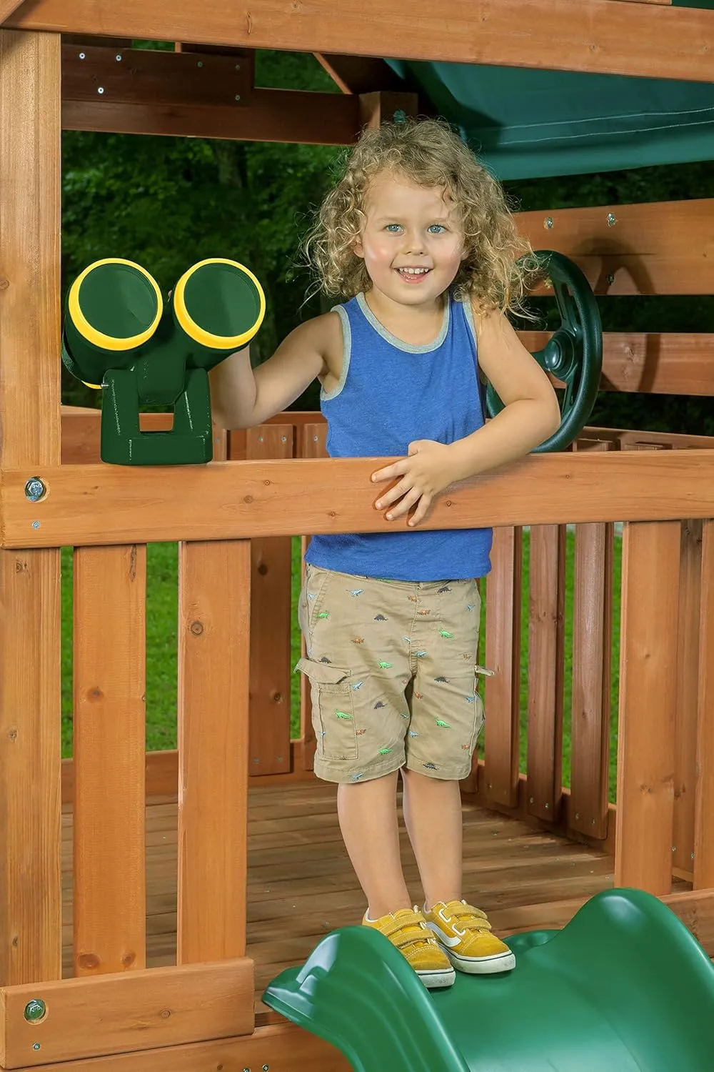 Mountain View Lodge Wooden Swingset w/Wood Roof- Choose Your Accessory & Slide Color (Green Accessories & Green Slide)