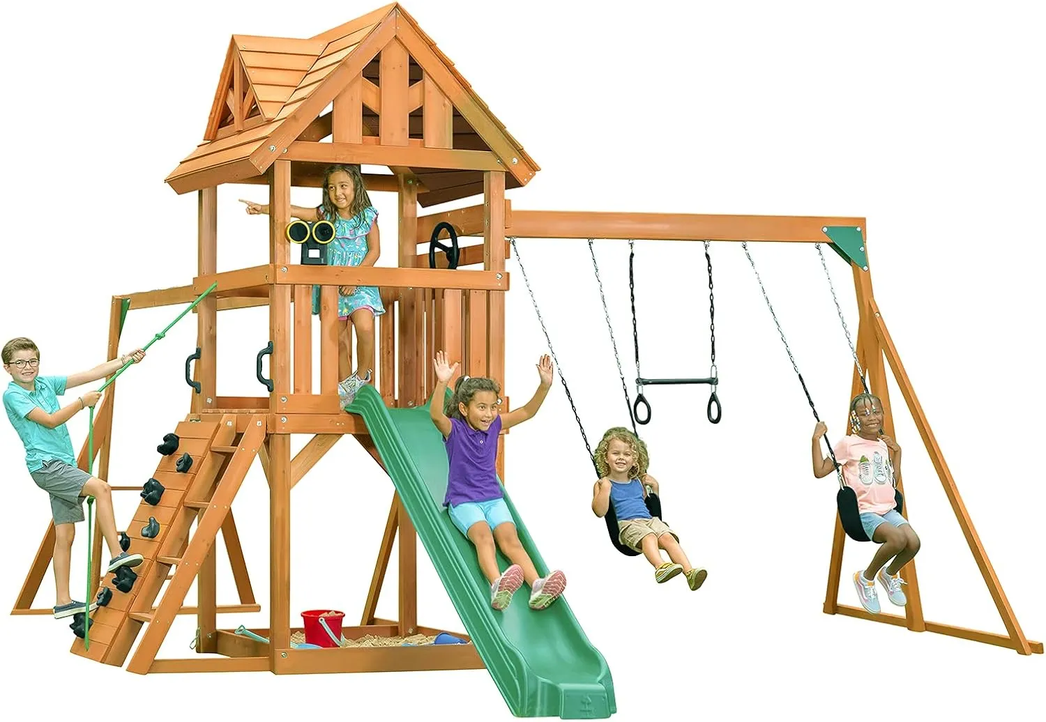 Mountain View Lodge Wooden Swingset w/Wood Roof- Choose Your Accessory & Slide Color (Green Accessories & Green Slide)