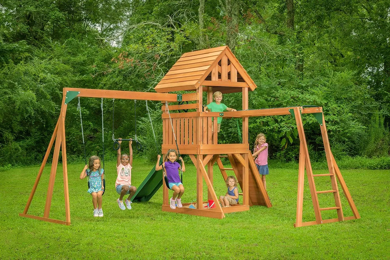 Mountain View Lodge Wooden Swingset w/Wood Roof- Choose Your Accessory & Slide Color (Green Accessories & Green Slide)