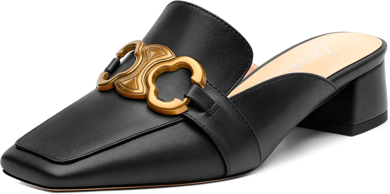 Mules Shoes for Women, Women's Chunky Mules Square Toe Slip on Comfortable Dress Casual Low Heel Metal Buckle Backless Slides Loafer Shoes 1.4 Inch