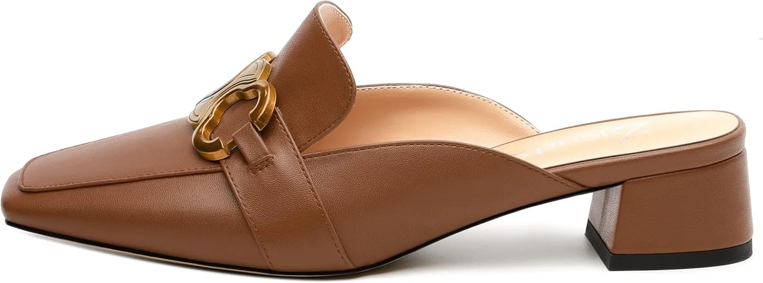 Mules Shoes for Women, Women's Chunky Mules Square Toe Slip on Comfortable Dress Casual Low Heel Metal Buckle Backless Slides Loafer Shoes 1.4 Inch