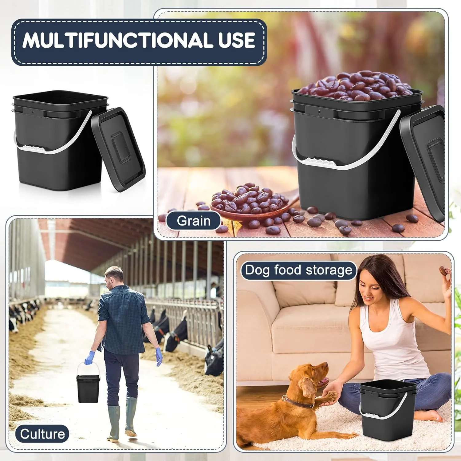 Mumufy 5 Pcs 3.5 Gallon Square Food Grade Bucket with Lid Square Bucket Pail with Plastic Handles for Storing Dry Food, Charcoal, Camping, Fishing (Black)