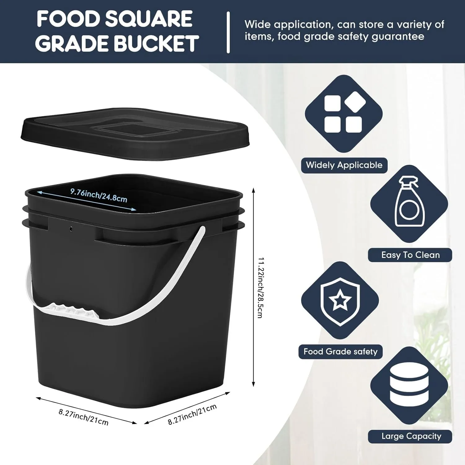 Mumufy 5 Pcs 3.5 Gallon Square Food Grade Bucket with Lid Square Bucket Pail with Plastic Handles for Storing Dry Food, Charcoal, Camping, Fishing (Black)