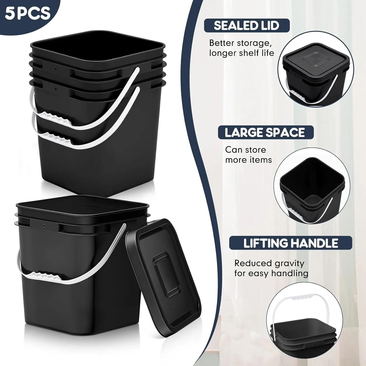 Mumufy 5 Pcs 3.5 Gallon Square Food Grade Bucket with Lid Square Bucket Pail with Plastic Handles for Storing Dry Food, Charcoal, Camping, Fishing (Black)