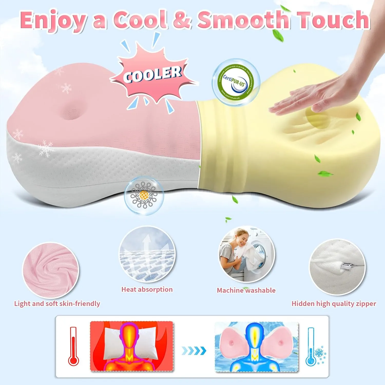 Neck Support Pillow, Cervical Neck Roll Memory Foam Pillow, Cervical Traction Device, Neck Pillow for Side Sleepers, Camping & Travel Pillow with Portable Bag