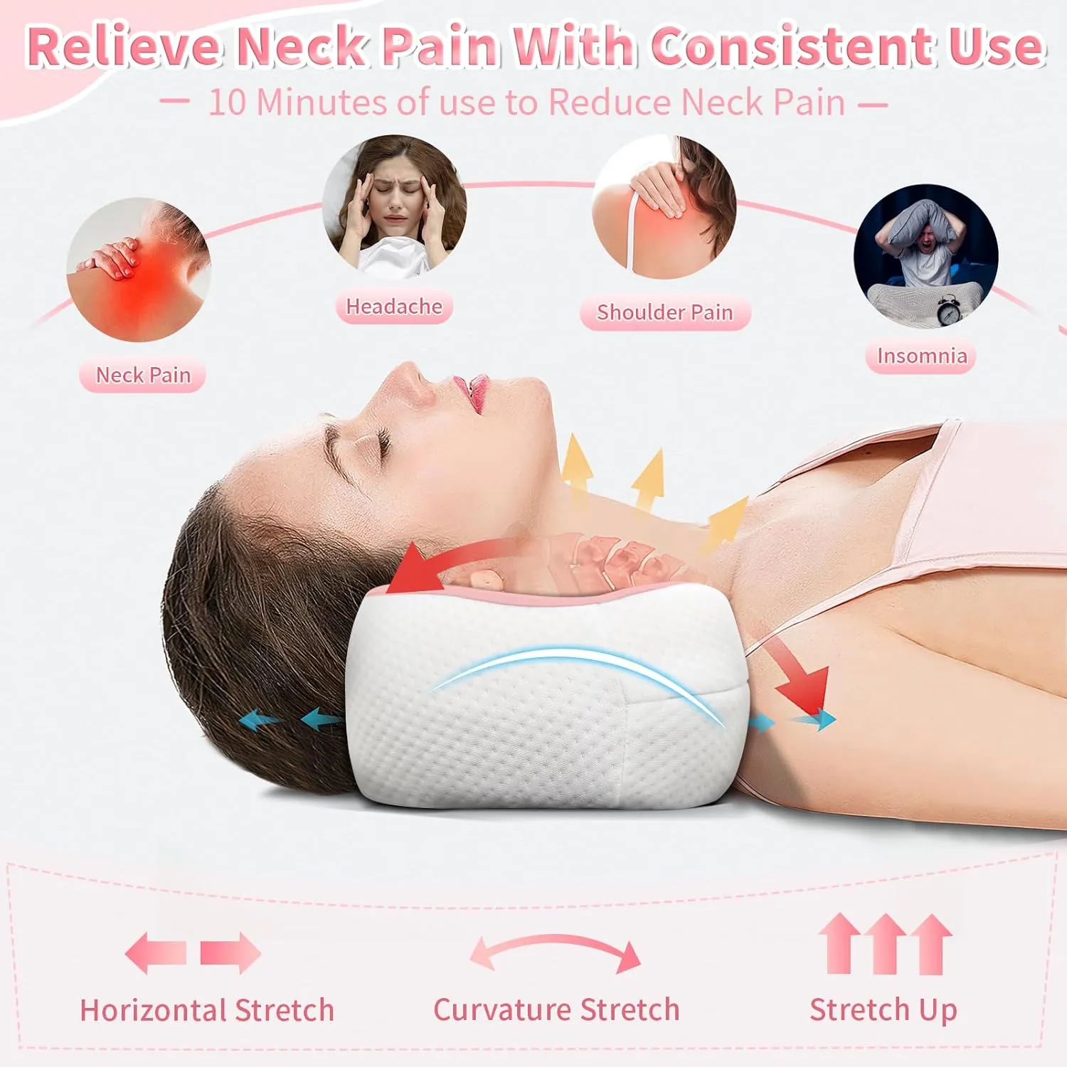 Neck Support Pillow, Cervical Neck Roll Memory Foam Pillow, Cervical Traction Device, Neck Pillow for Side Sleepers, Camping & Travel Pillow with Portable Bag