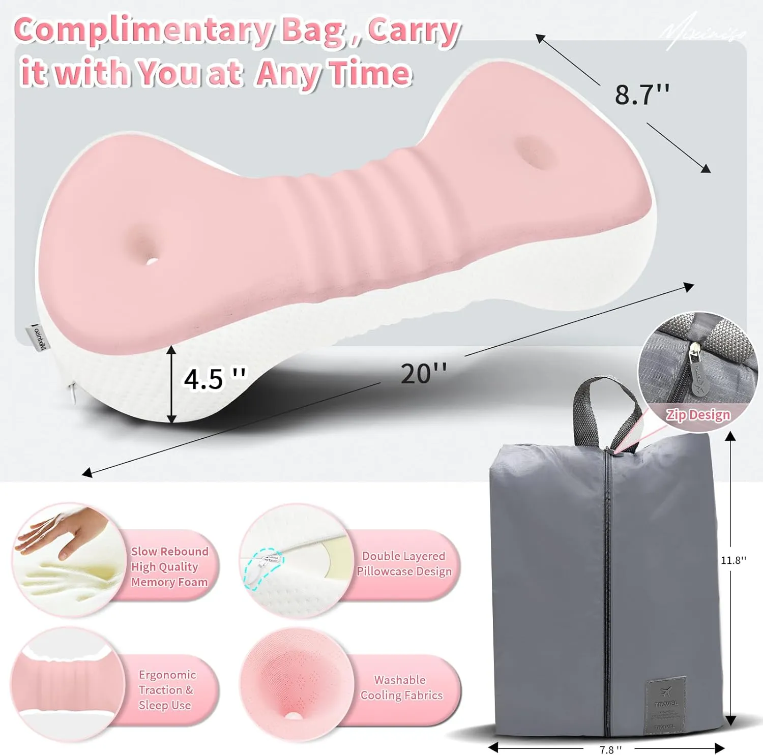 Neck Support Pillow, Cervical Neck Roll Memory Foam Pillow, Cervical Traction Device, Neck Pillow for Side Sleepers, Camping & Travel Pillow with Portable Bag