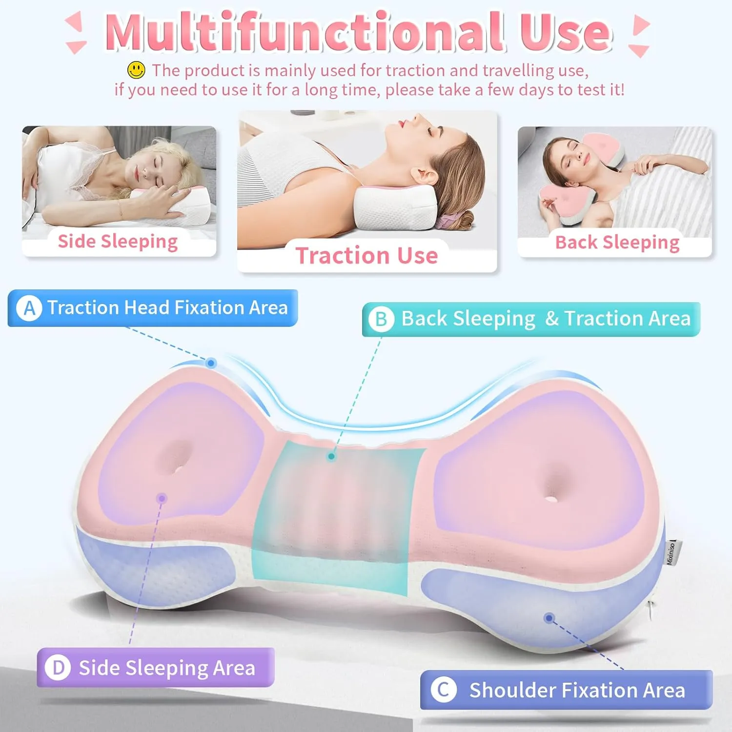 Neck Support Pillow, Cervical Neck Roll Memory Foam Pillow, Cervical Traction Device, Neck Pillow for Side Sleepers, Camping & Travel Pillow with Portable Bag