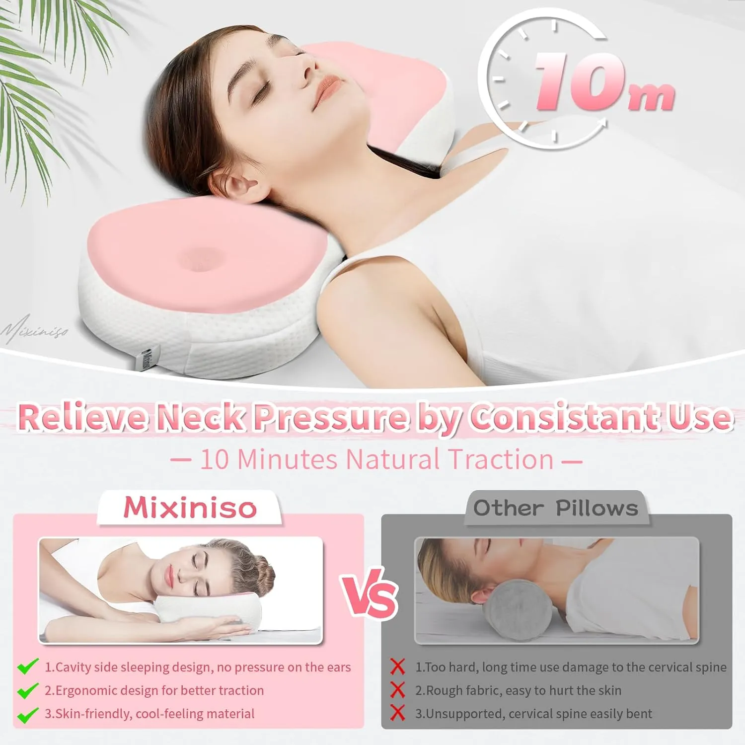 Neck Support Pillow, Cervical Neck Roll Memory Foam Pillow, Cervical Traction Device, Neck Pillow for Side Sleepers, Camping & Travel Pillow with Portable Bag
