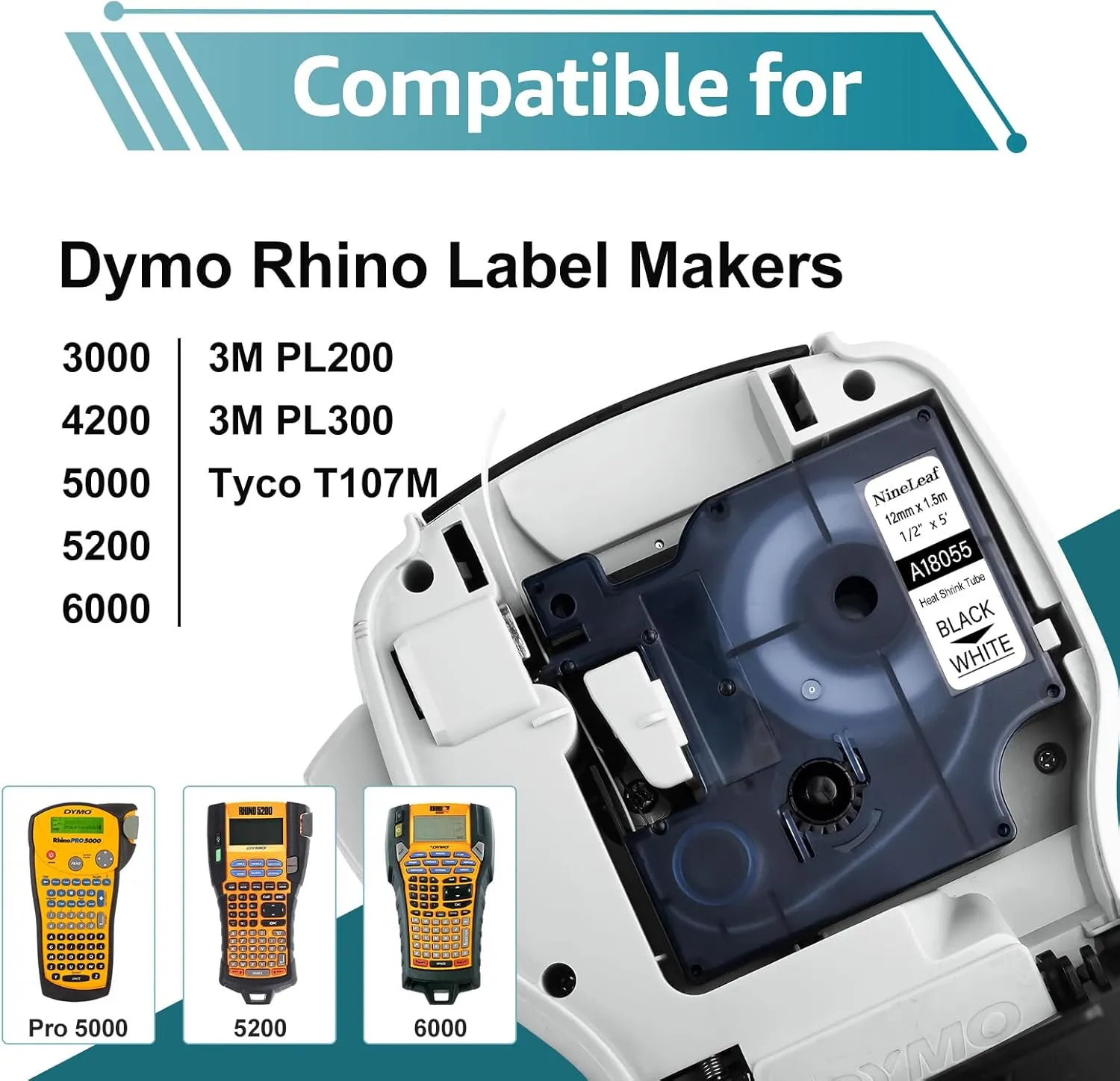 Nineleaf 10 Pack Compatible for DYMO Rhino 18055 Heat Shrink Tube 12mm 1/2" Black on White Industrial Wire Label Tape for Rhino Pro 3000 4200 5000 5200 6000 3M Label Maker