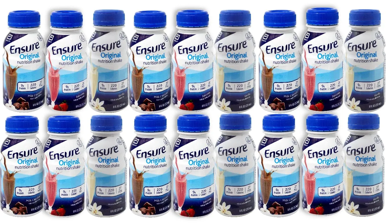 Niro Assortment | Ensure Original Variety Pack - 18 On-the-Go Protein Nutrition Shakes – Meal Replacement Shake with Delicious Chocolate Shake, Vanilla, and Strawberry - 6 of Each Flavor| Bundle with Niro Beverage Sleeve