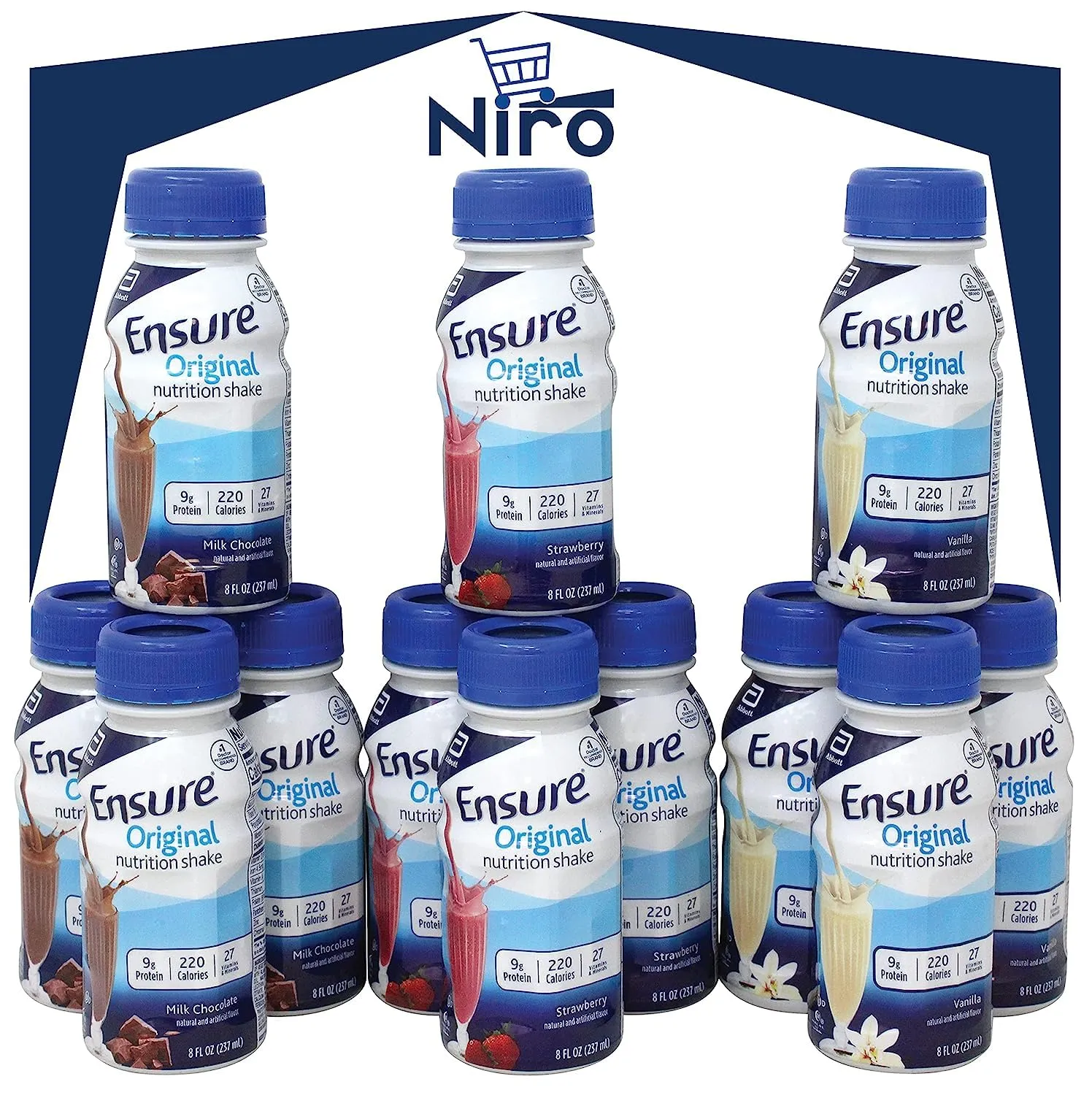 Niro Assortment | Ensure Original Variety Pack - 18 On-the-Go Protein Nutrition Shakes – Meal Replacement Shake with Delicious Chocolate Shake, Vanilla, and Strawberry - 6 of Each Flavor| Bundle with Niro Beverage Sleeve