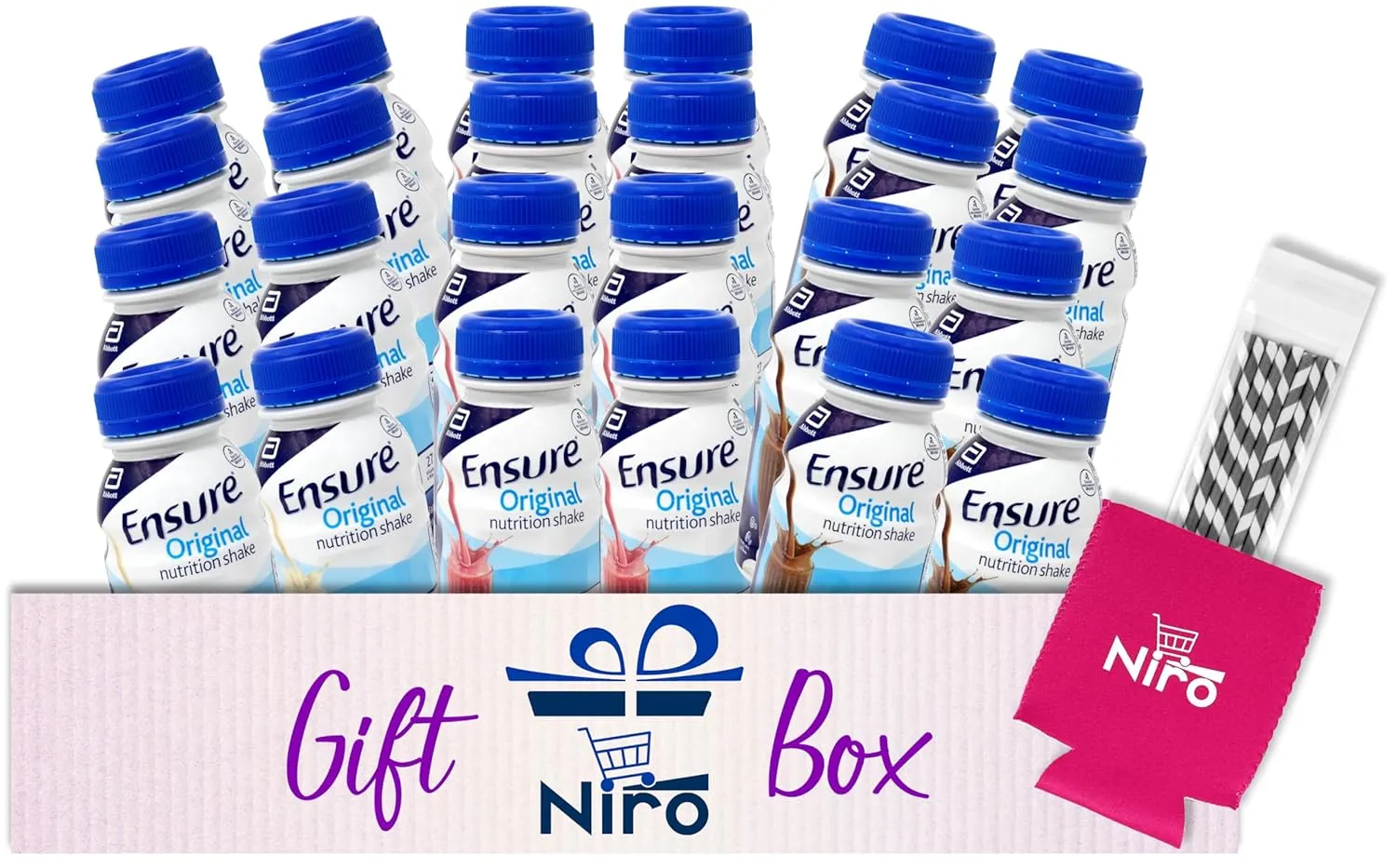 Niro Assortment | Ensure Original Variety Pack - 18 On-the-Go Protein Nutrition Shakes – Meal Replacement Shake with Delicious Chocolate Shake, Vanilla, and Strawberry - 6 of Each Flavor| Bundle with Niro Beverage Sleeve