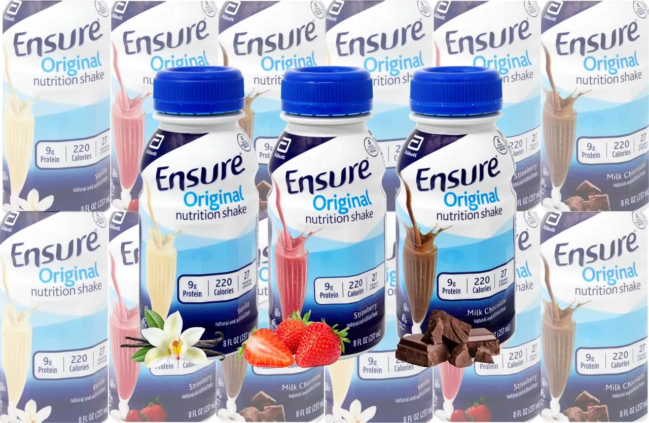 Niro Assortment | Ensure Original Variety Pack - 18 On-the-Go Protein Nutrition Shakes – Meal Replacement Shake with Delicious Chocolate Shake, Vanilla, and Strawberry - 6 of Each Flavor| Bundle with Niro Beverage Sleeve