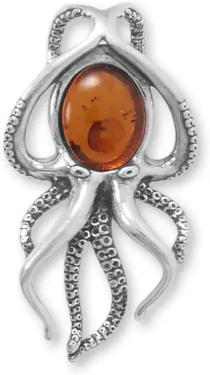 Octopus Pendant Slide with Genuine Baltic Amber Sterling Silver
