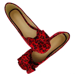 ODORHEISAYO Women's Crimson Leopard Bowknot Flats Sandal, Size 7.5, Casual, Flat Heel, Square Toe, Faux Fur, Synthetic Rubber Sole