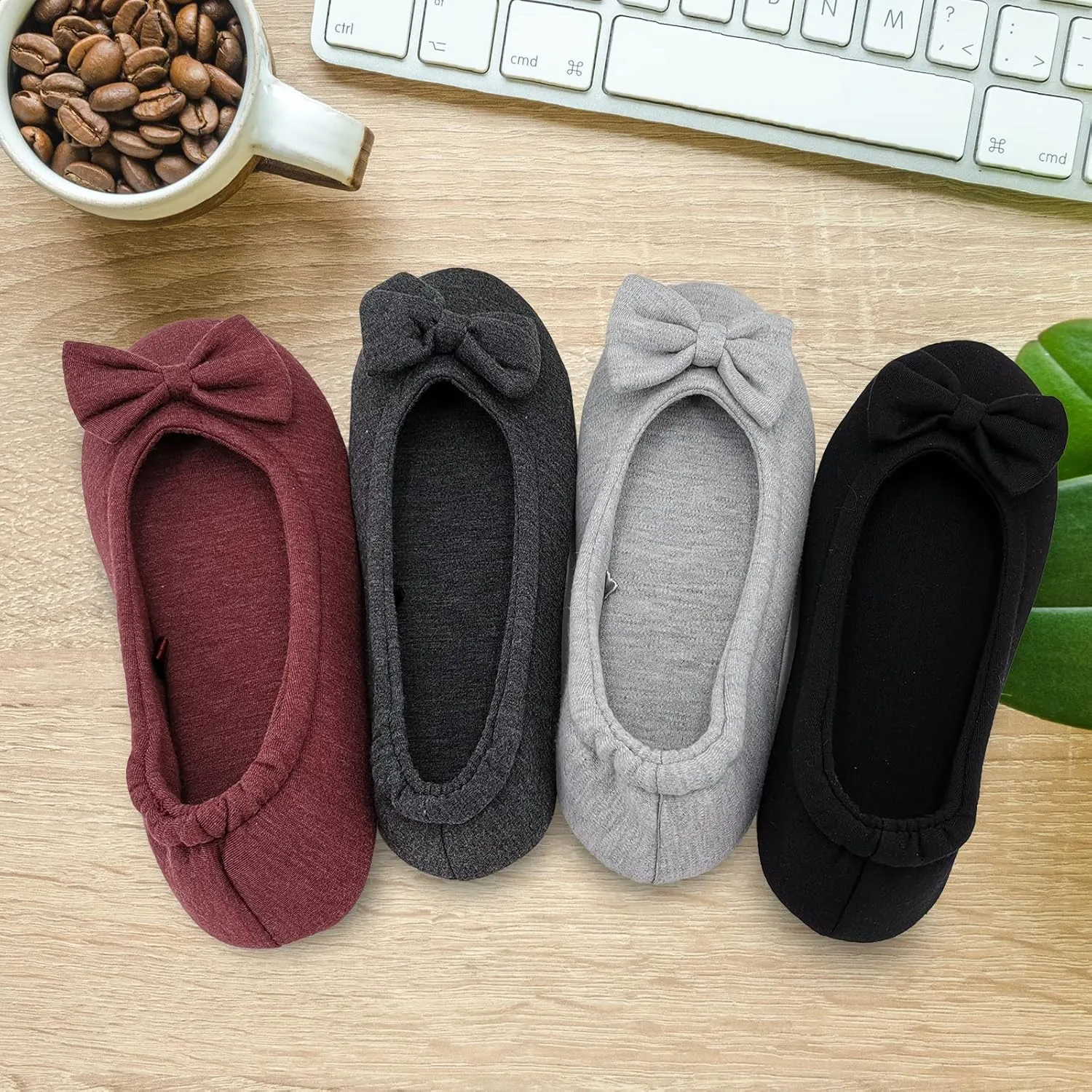 ofoot Womens House Cotton Ballerina Slippers Soft Ballet Style Flat Shoes Comfortable Memory Foam Soled Non Slip Rubber Bottom