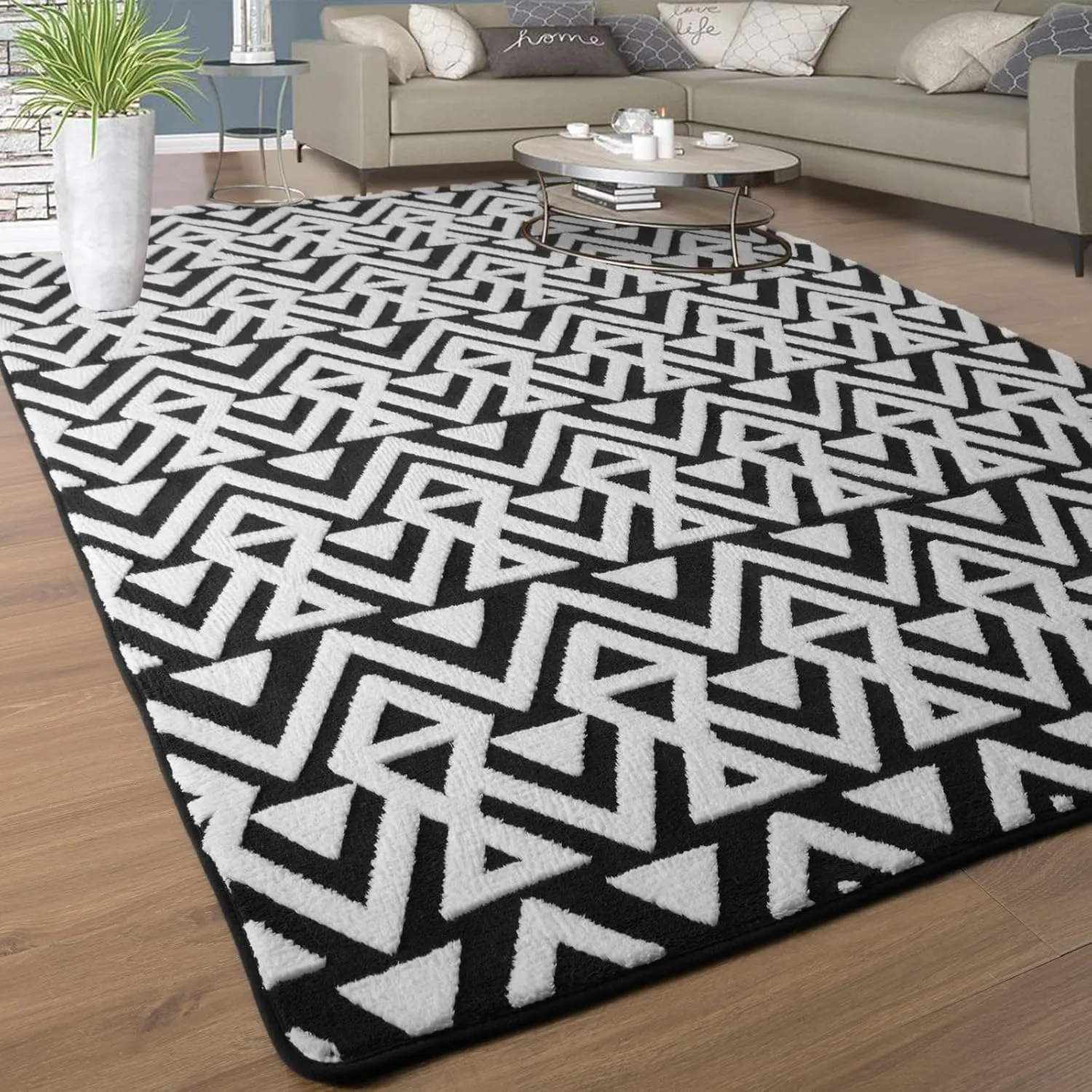 Ompaa Ultra Soft Geometric Bedroom Rugs Memory Foam Carpet, Black 4 x 6 Feet, Cozy Area Rugs for Living Room Couch Dorm Bedside Kids Girls Teens Room Nursery Decor Floor Mat