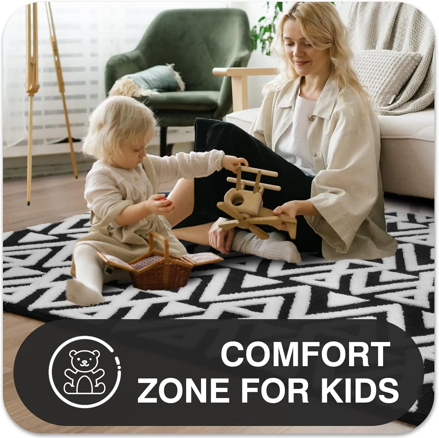 Ompaa Ultra Soft Geometric Bedroom Rugs Memory Foam Carpet, Black 4 x 6 Feet, Cozy Area Rugs for Living Room Couch Dorm Bedside Kids Girls Teens Room Nursery Decor Floor Mat