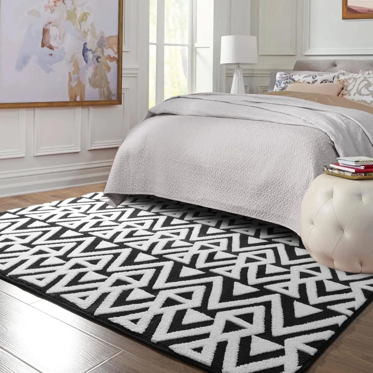 Ompaa Ultra Soft Geometric Bedroom Rugs Memory Foam Carpet, Black 4 x 6 Feet, Cozy Area Rugs for Living Room Couch Dorm Bedside Kids Girls Teens Room Nursery Decor Floor Mat