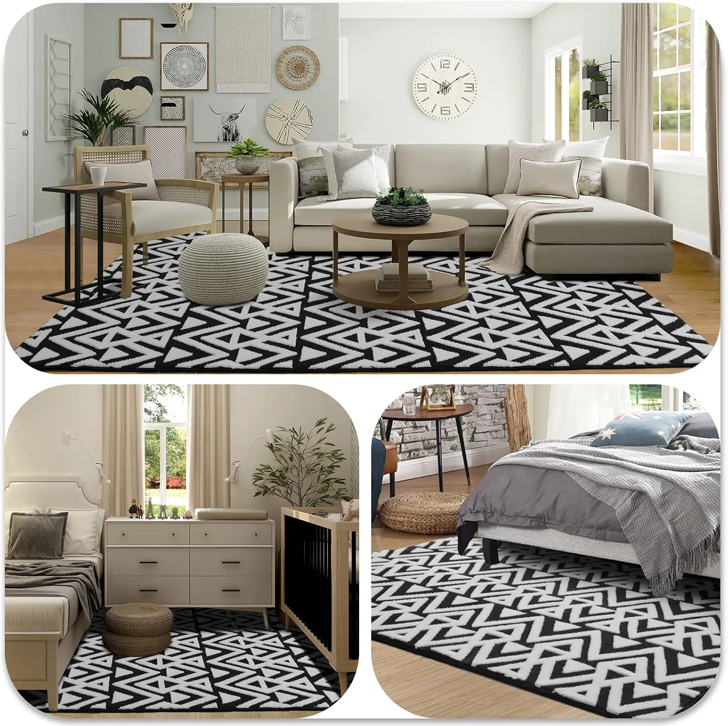 Ompaa Ultra Soft Geometric Bedroom Rugs Memory Foam Carpet, Black 4 x 6 Feet, Cozy Area Rugs for Living Room Couch Dorm Bedside Kids Girls Teens Room Nursery Decor Floor Mat