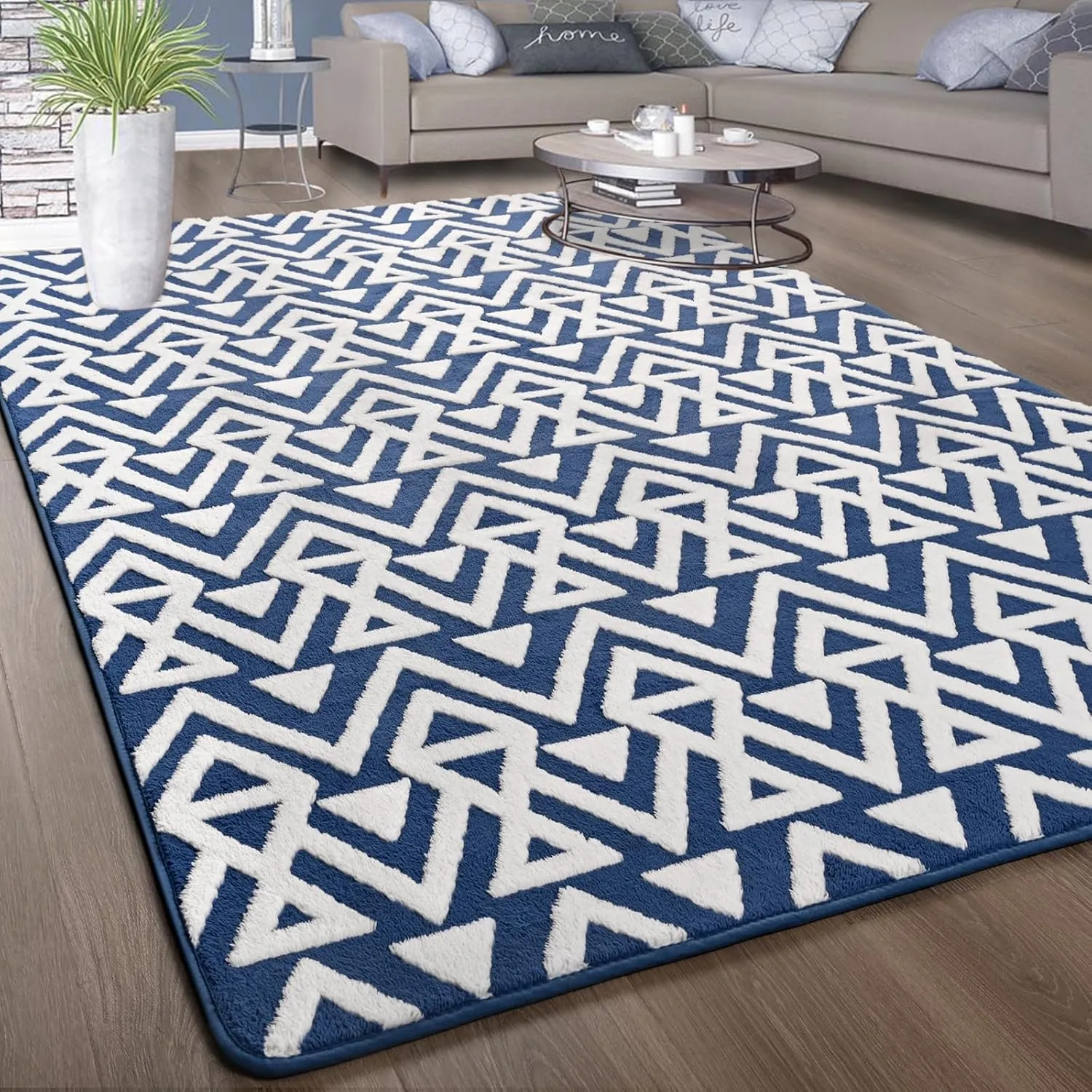 Ompaa Ultra Soft Shaggy Rugs Memory Foam Bedroom Carpet, Blue 4 x 6 Feet, Plush Geometric Textured Area Rugs for Living Room Couch Dorm Bedside Kids Girls Teens Room Nursery Decor Floor Mat
