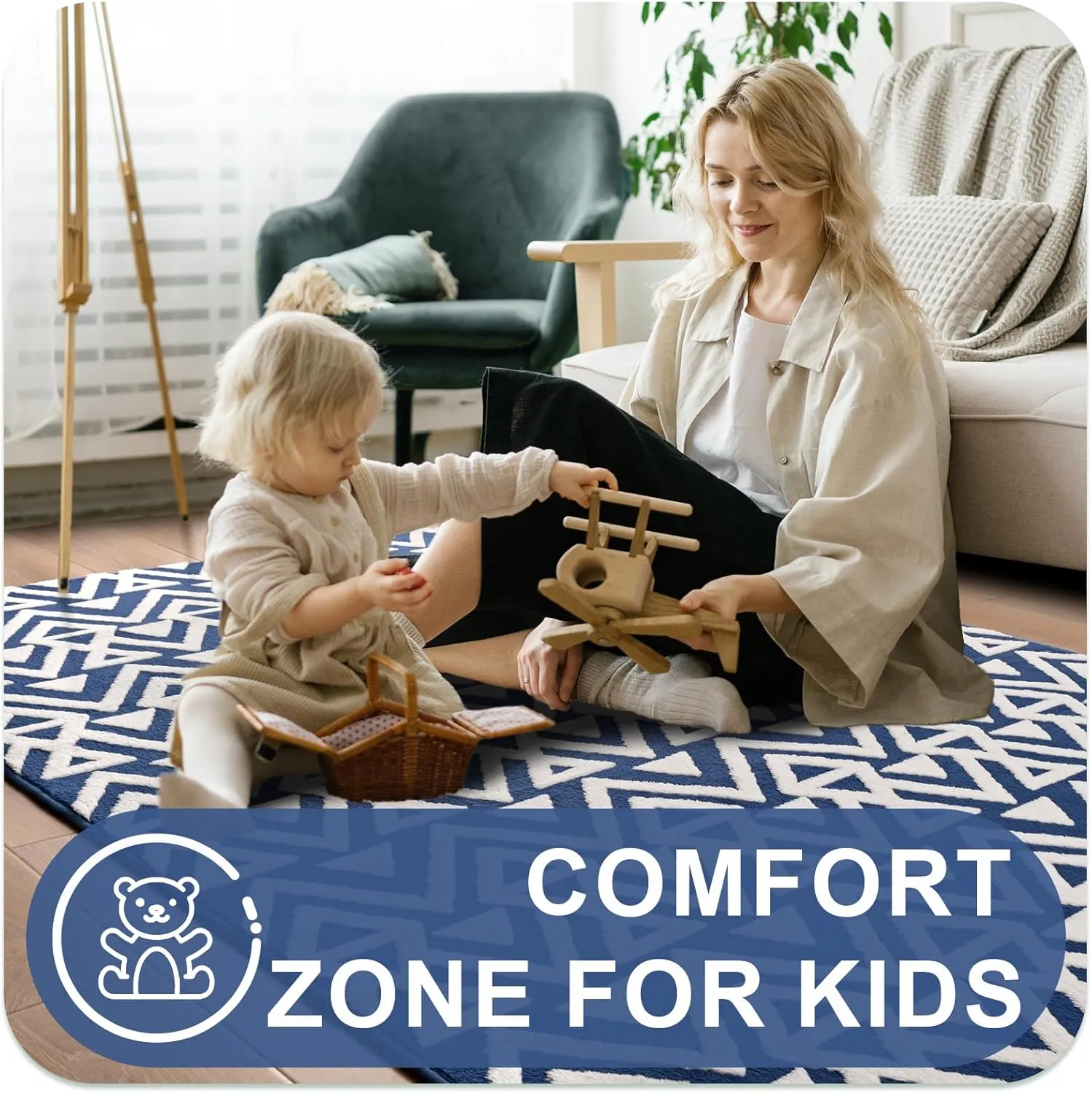 Ompaa Ultra Soft Shaggy Rugs Memory Foam Bedroom Carpet, Blue 4 x 6 Feet, Plush Geometric Textured Area Rugs for Living Room Couch Dorm Bedside Kids Girls Teens Room Nursery Decor Floor Mat