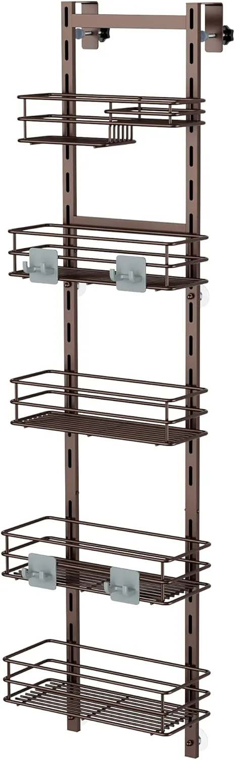 Orimade Over the Door Shower Caddy Adjustable 5 Tier Bronze,Bathroom Hanging Organizer Shelf Rustproof with 4 Hooks,Shower Basket with Soap Holder and Suction Cup
