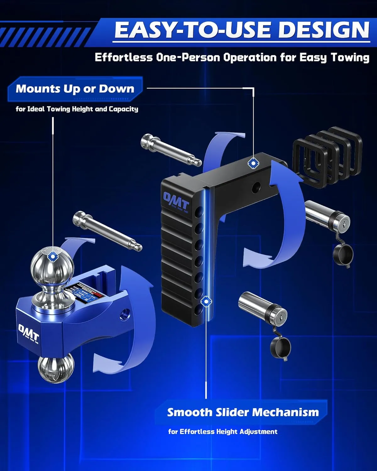 Orion Motor Tech Adjustable Trailer Hitch, 6 in Drop & Rise Hitch Fits 2 in Receiver, 12500 LBS GTW, Heavy Duty Aluminum Tow Hitch for Truck with Two Anti-Theft Locking Hitch Pins for Class III & IV
