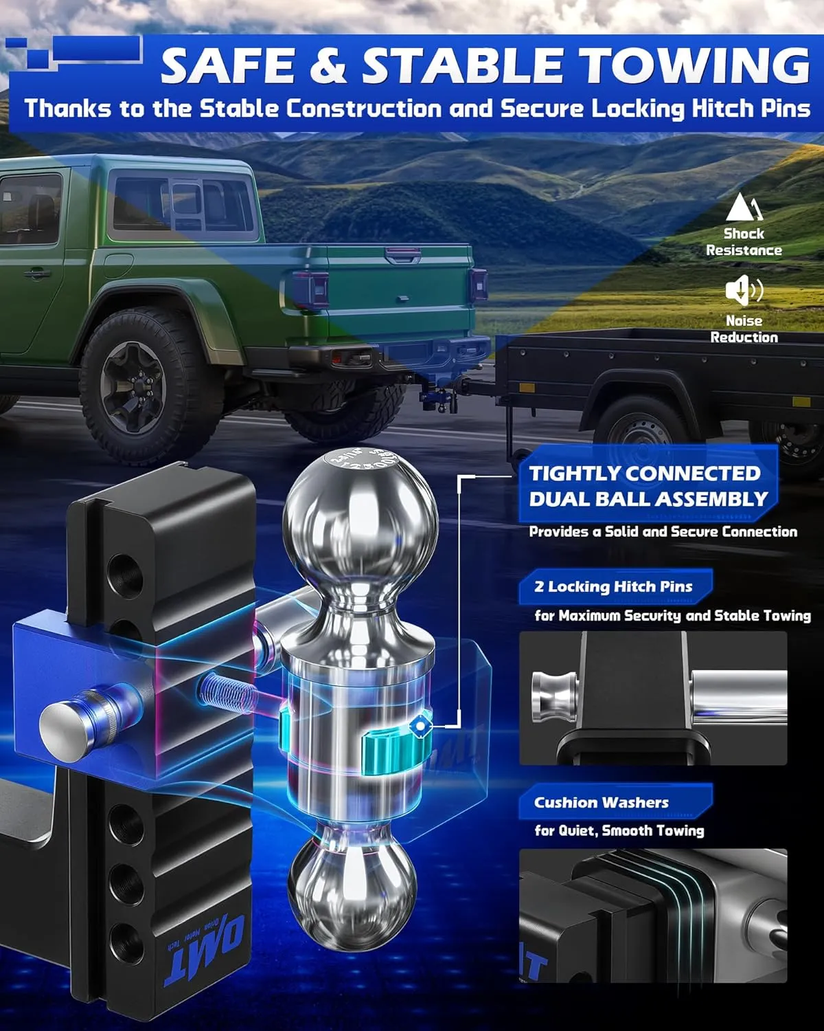 Orion Motor Tech Adjustable Trailer Hitch, 6 in Drop & Rise Hitch Fits 2 in Receiver, 12500 LBS GTW, Heavy Duty Aluminum Tow Hitch for Truck with Two Anti-Theft Locking Hitch Pins for Class III & IV