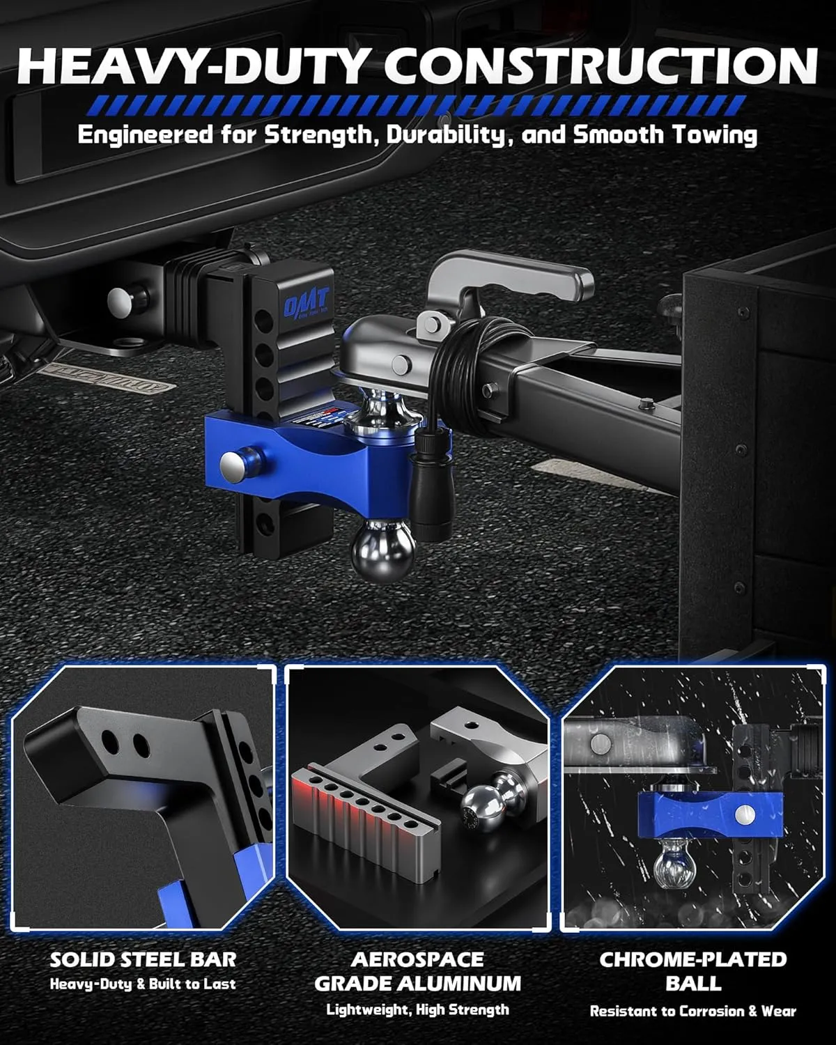Orion Motor Tech Adjustable Trailer Hitch, 6 in Drop & Rise Hitch Fits 2 in Receiver, 12500 LBS GTW, Heavy Duty Aluminum Tow Hitch for Truck with Two Anti-Theft Locking Hitch Pins for Class III & IV