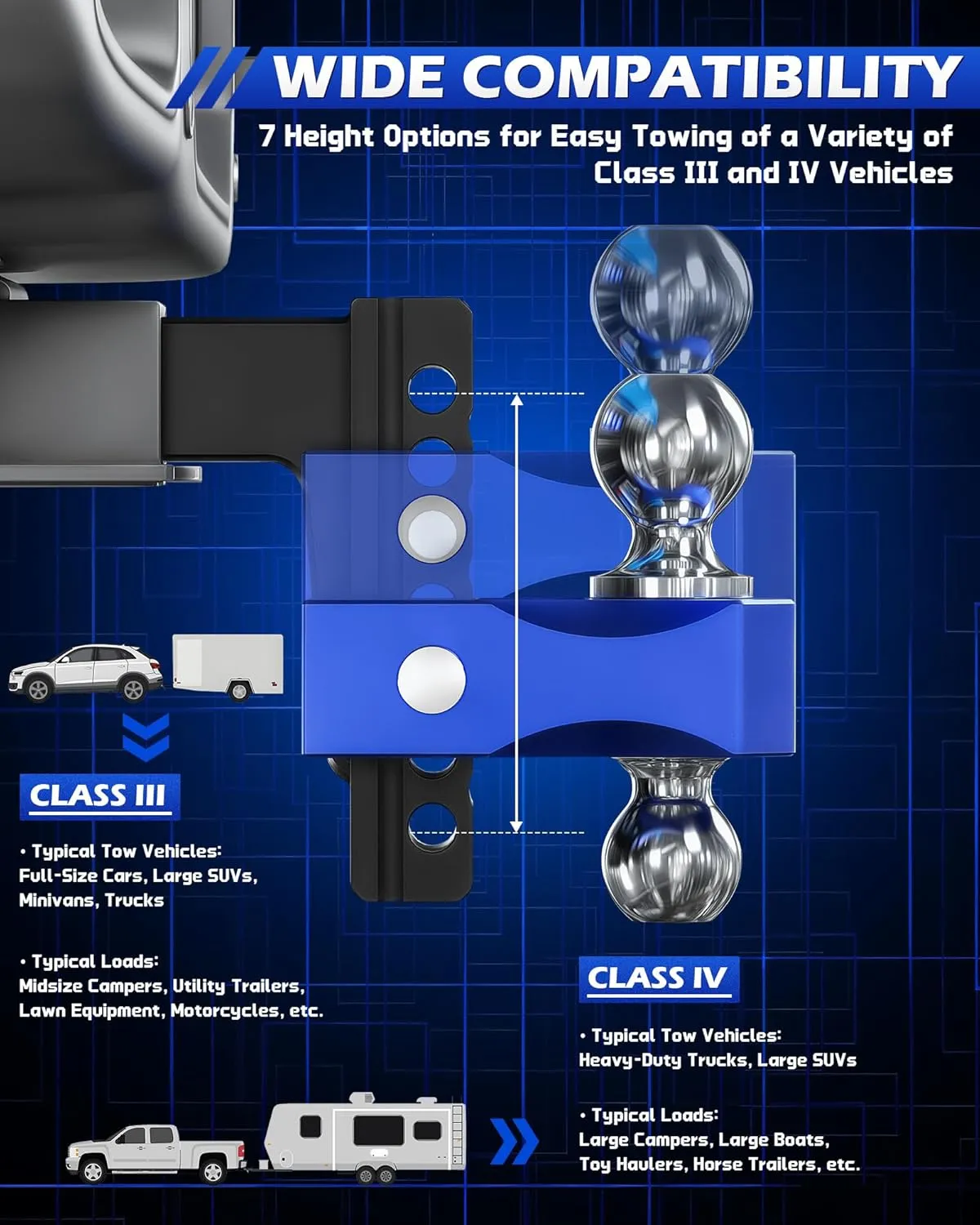 Orion Motor Tech Adjustable Trailer Hitch, 6 in Drop & Rise Hitch Fits 2 in Receiver, 12500 LBS GTW, Heavy Duty Aluminum Tow Hitch for Truck with Two Anti-Theft Locking Hitch Pins for Class III & IV