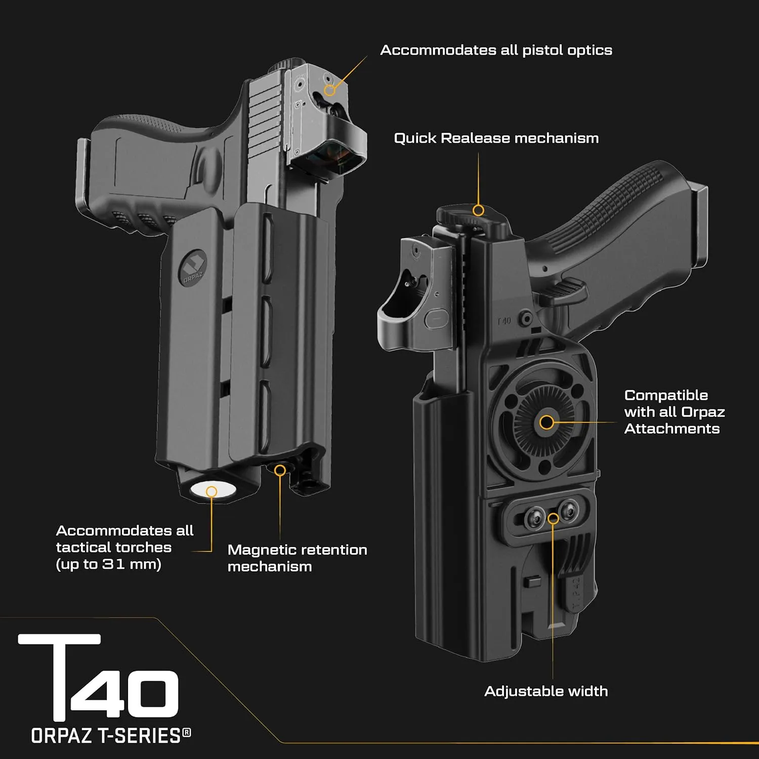 Orpaz T40 Adjustable and Modular S&W M&P Holster Compatible with OWB S&W M&P 2.0 9mm Holder with Light/Laser/Sight/Optics - Will Secure Your Handgun with a Tactical Appearance