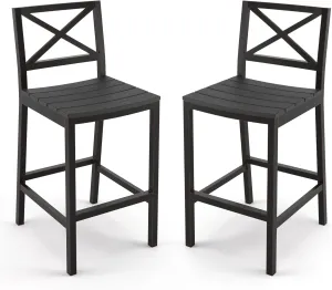 Outdoor Bar Stools Set of 2, 26 Inch All Weather HDPS Patio Counter Height Barstools with Back & Footrest, Aluminum Bar Stool Chairs for Hot Tub, Balcony, Yard, Indoor Or Outdoor Use, Black