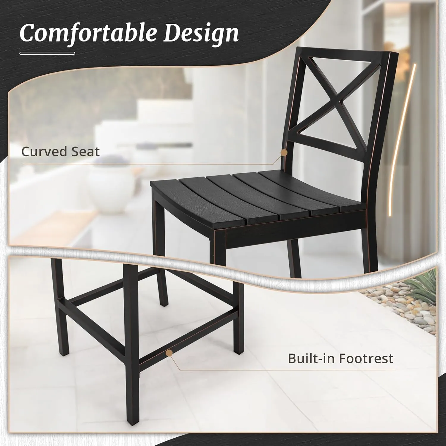 Outdoor Bar Stools Set of 2, 26 Inch All Weather HDPS Patio Counter Height Barstools with Back & Footrest, Aluminum Bar Stool Chairs for Hot Tub, Balcony, Yard, Indoor Or Outdoor Use, Black