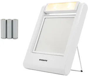 Ovente Square Makeup Mirror 5.5 Inch 1X 5X Magnification Glass LED Lighted 360 Degree Hand Held Double Sided Spinning Battery Operated Personal Compact Beauty Shaving Stand Plastic Travel White MLT22W