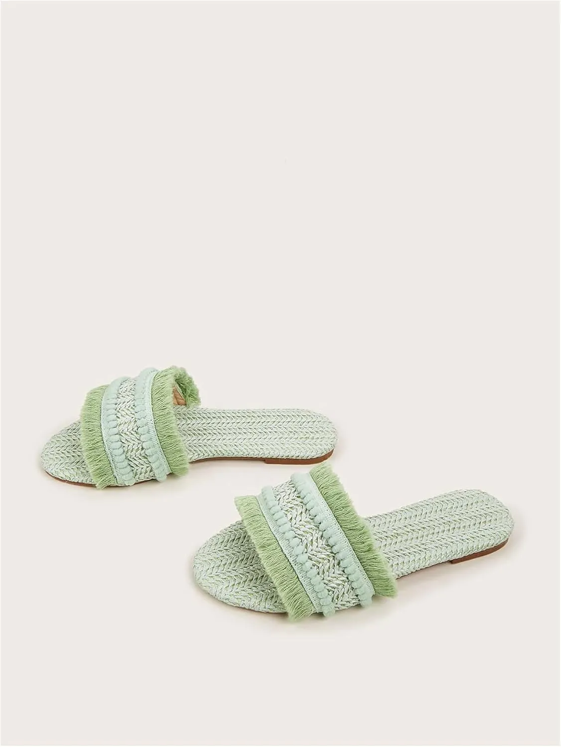 OYOANGLE Women's Fringe Trim Satin Open Toe Flat Slide Sandals Summer Casual Slip on Dressy Sandals
