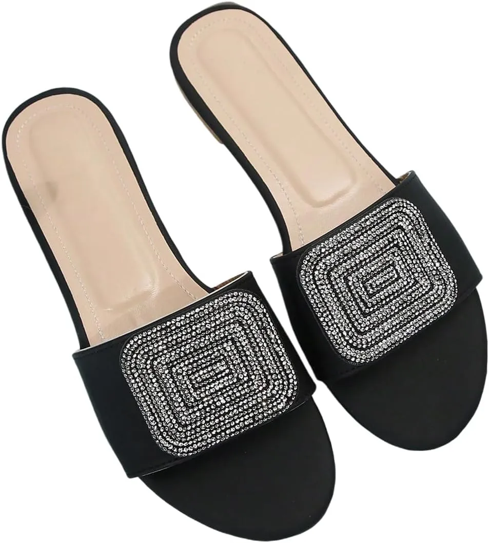 OYOANGLE Women's Leather Rhinestone Sandals Open Toe Slip On Flats Glitter Casual Outdoor Slides