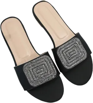 OYOANGLE Women's Leather Rhinestone Sandals Open Toe Slip On Flats Glitter Casual Outdoor Slides