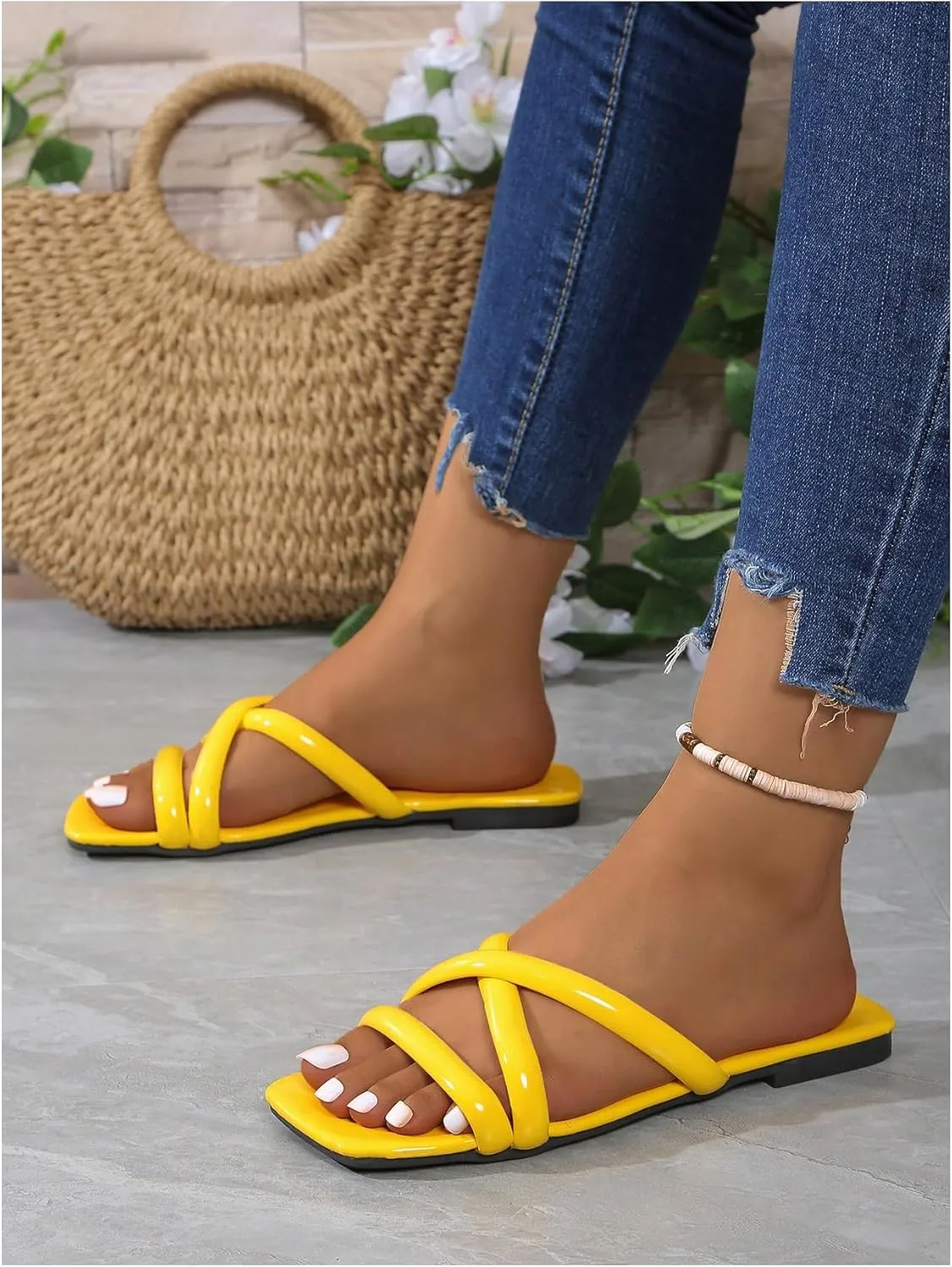 OYOANGLE Women's PU Leather Criss Cross Strap Flat Sandals Square Open Toe Slide Sandals Indoor Outdoor Shoes