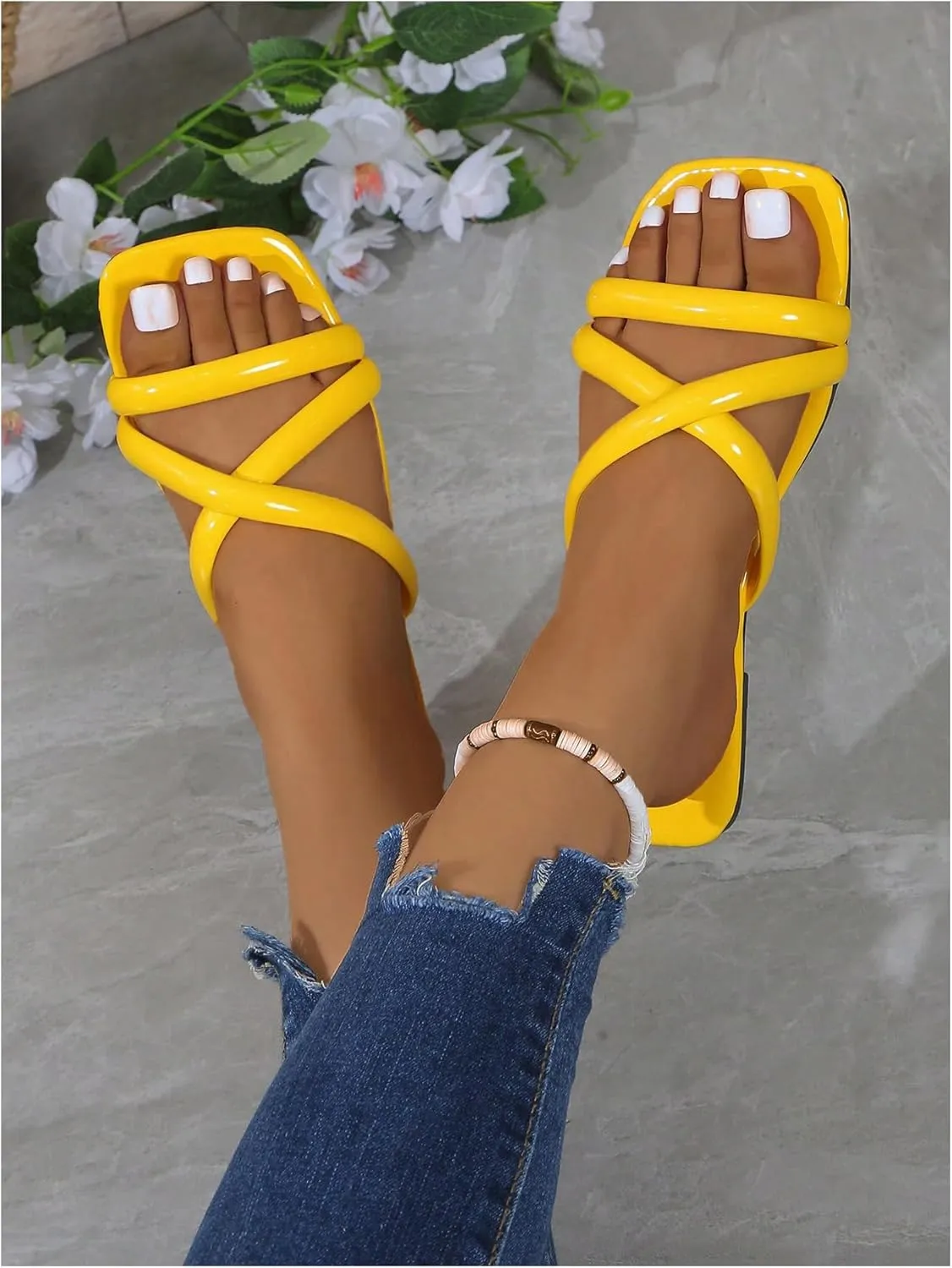 OYOANGLE Women's PU Leather Criss Cross Strap Flat Sandals Square Open Toe Slide Sandals Indoor Outdoor Shoes