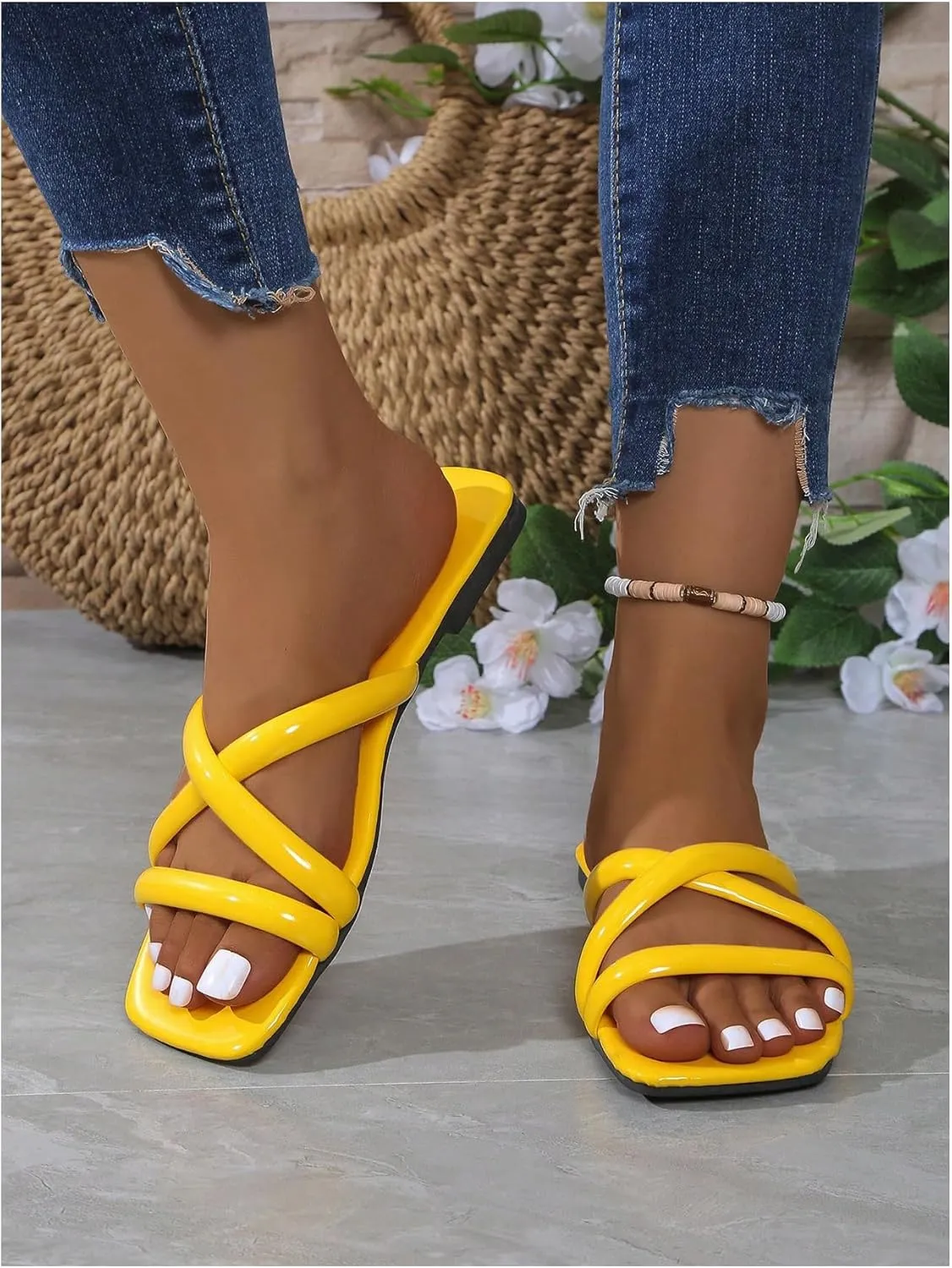 OYOANGLE Women's PU Leather Criss Cross Strap Flat Sandals Square Open Toe Slide Sandals Indoor Outdoor Shoes