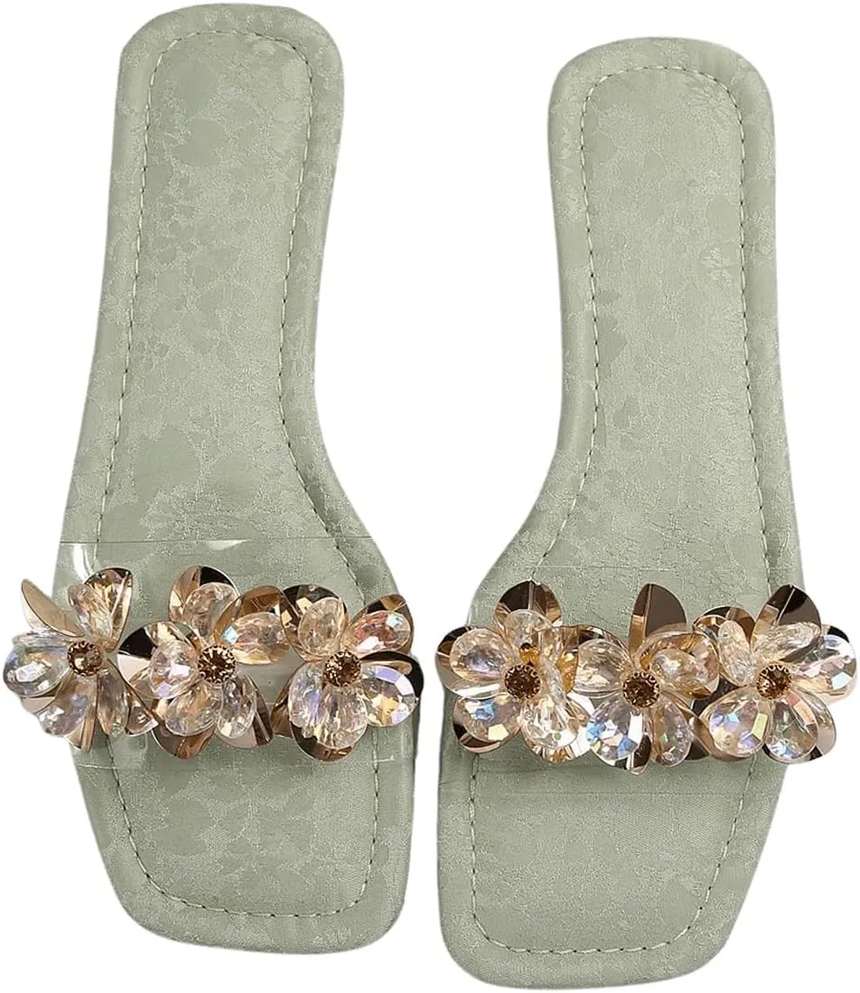 OYOANGLE Women's Rhinestone Flower Decor Clear Strap Sandals Square Toe Flat Sandals