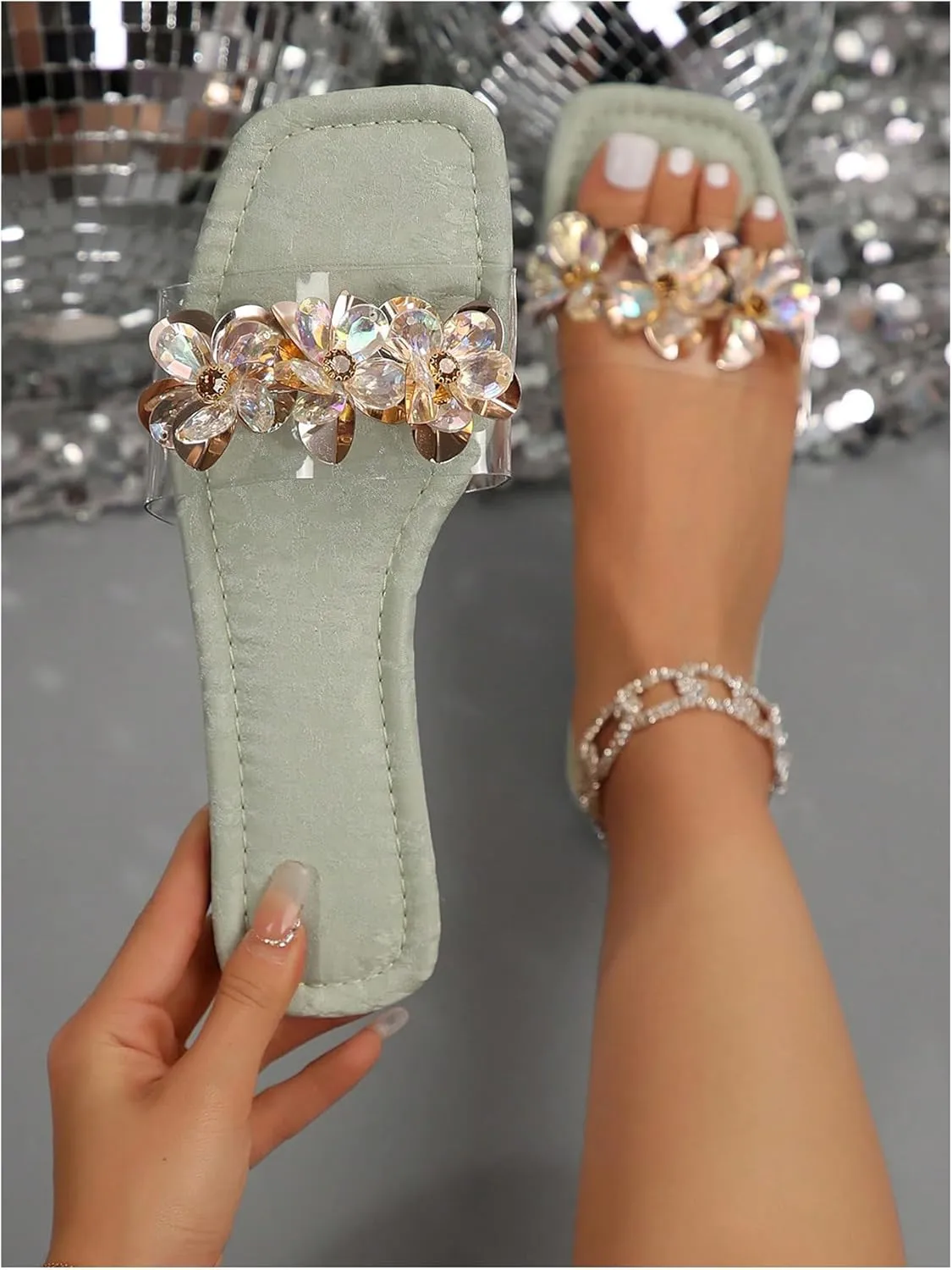 OYOANGLE Women's Rhinestone Flower Decor Clear Strap Sandals Square Toe Flat Sandals