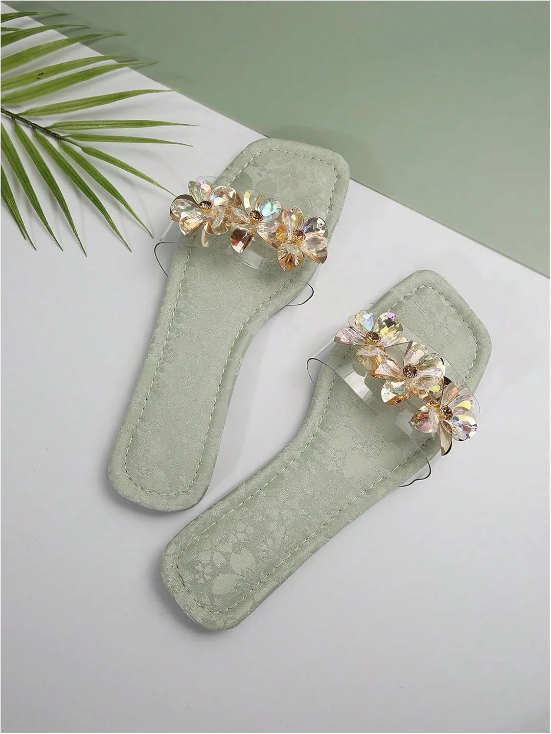 OYOANGLE Women's Rhinestone Flower Decor Clear Strap Sandals Square Toe Flat Sandals