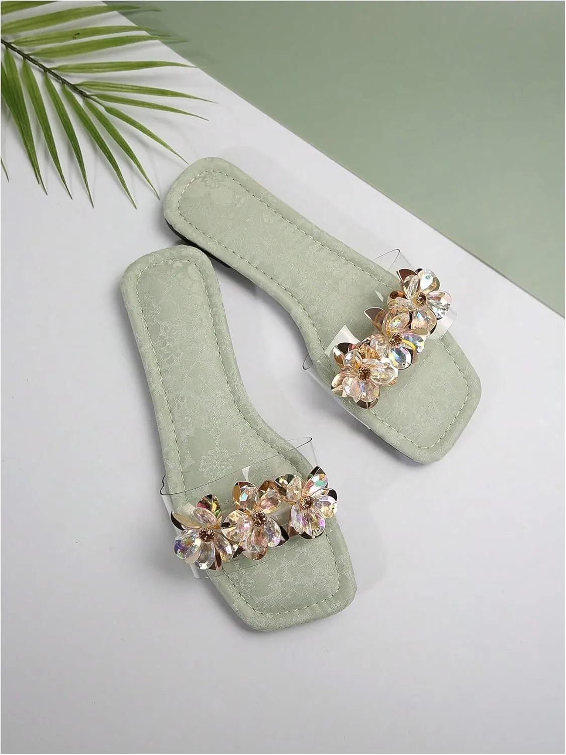 OYOANGLE Women's Rhinestone Flower Decor Clear Strap Sandals Square Toe Flat Sandals