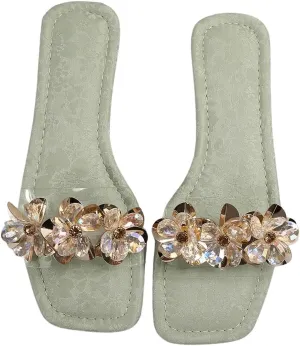 OYOANGLE Women's Rhinestone Flower Decor Clear Strap Sandals Square Toe Flat Sandals